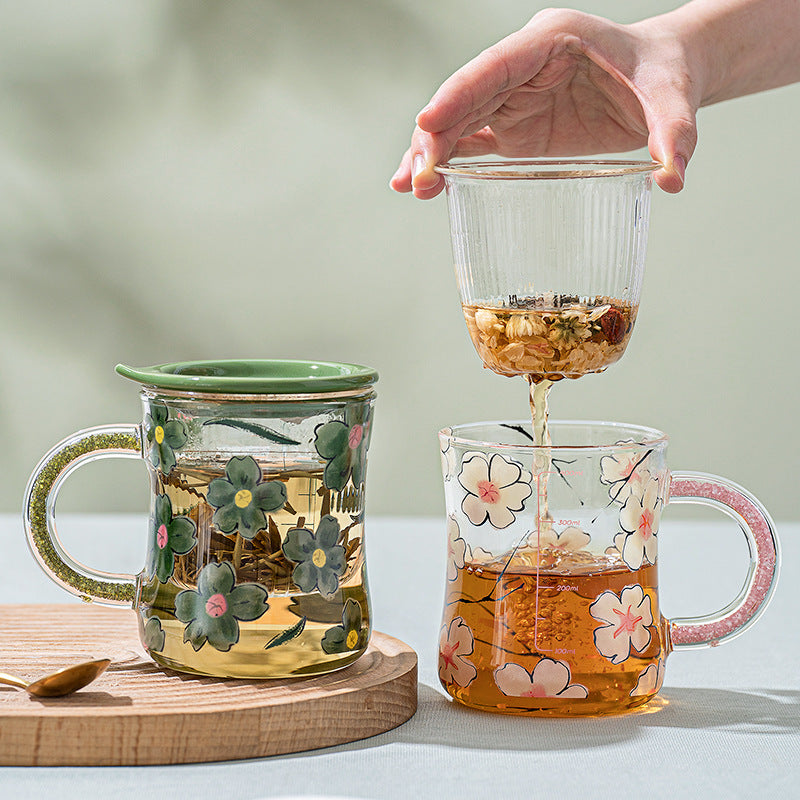 Taza de cristal estilo bosque con tapa divisoria para té y mango de diamante