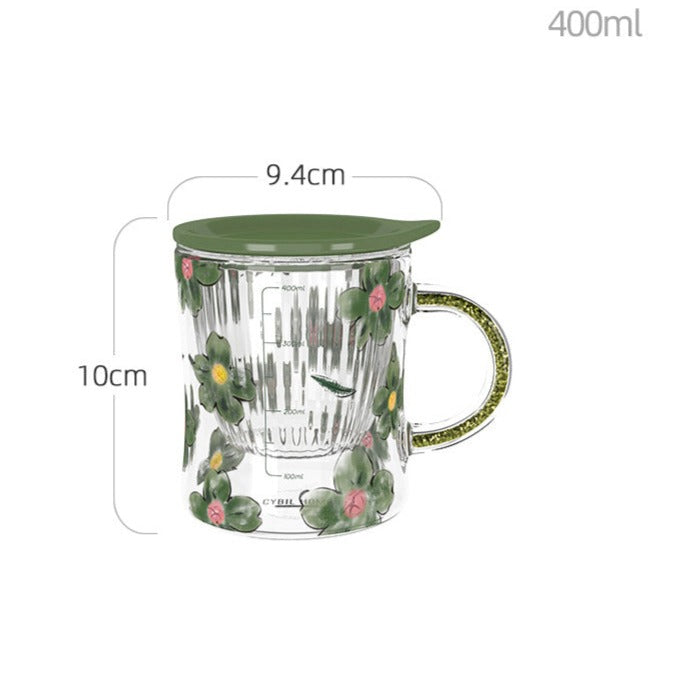 Taza de cristal estilo bosque con tapa divisoria para té y mango de diamante