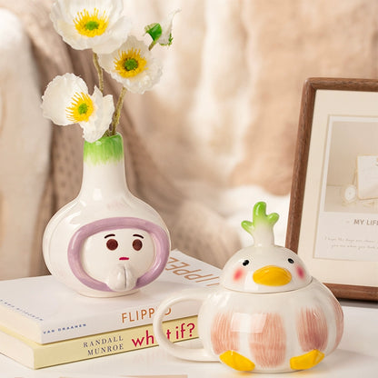 Handmade ceramic garlic duck mug with lid cute creative cup gift