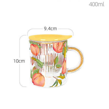 Taza de cristal estilo bosque con tapa divisoria para té y mango de diamante