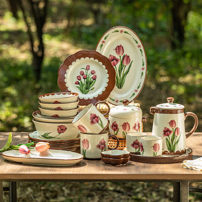 Vintage tulip dinner bowl dessert plate dinnerware set gift box