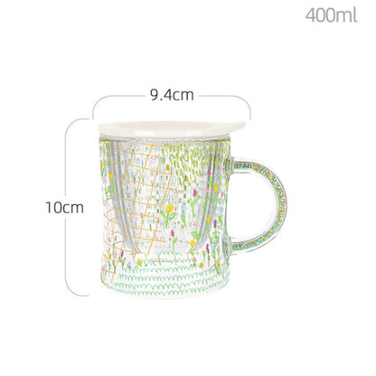 Taza de cristal estilo bosque con tapa divisoria para té y mango de diamante