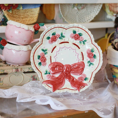 Vintage handmade lovely rose bow ceramic plate flat dessert plate dish