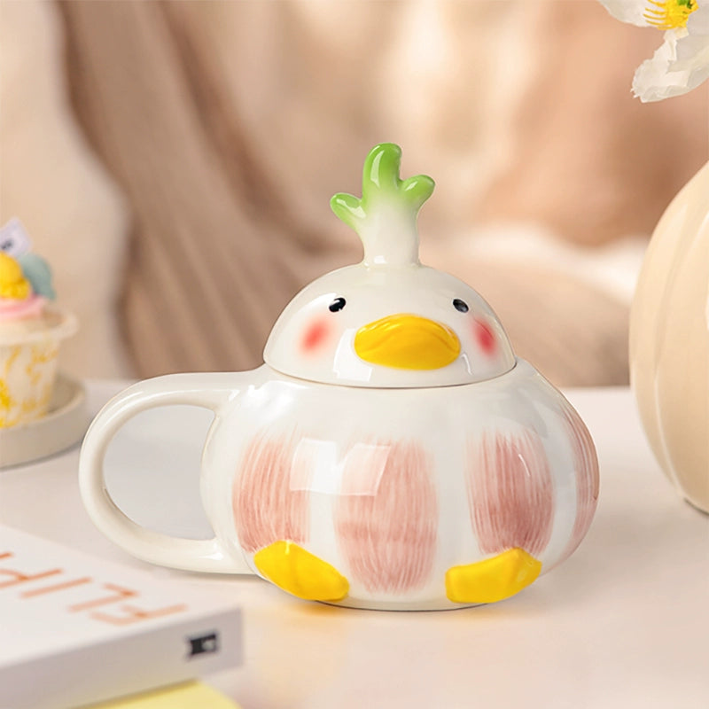 Handmade ceramic garlic duck mug with lid cute creative cup gift