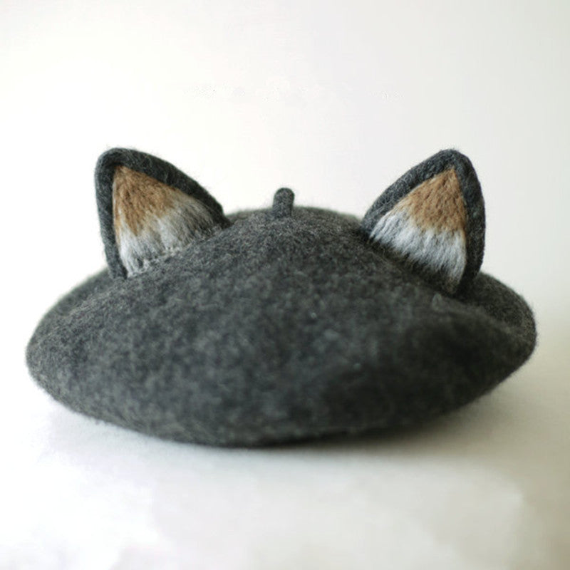 Cat Ears Beret Handmade Wool Felt Hat