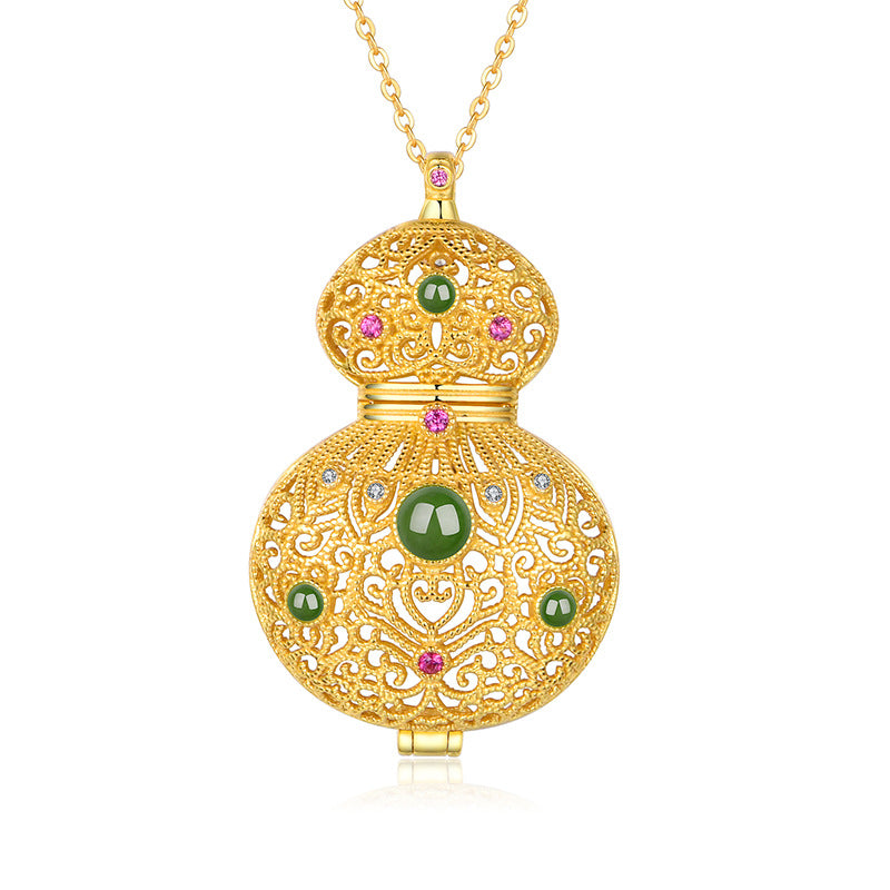 S925 silver-plated gold inlaid with natural Hetian jade "filigree gourd" enamel hollow sachet pendant necklace with herbal incense pill