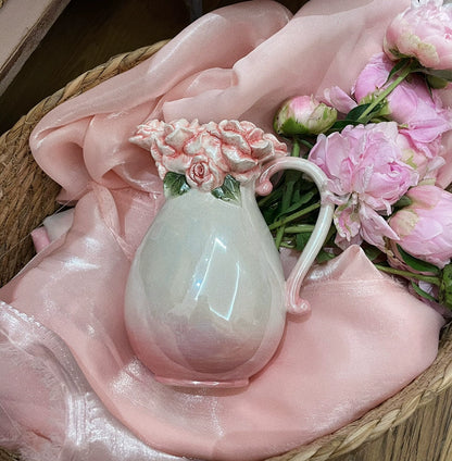 Vintage Handmade Pearl Glaze Romantic Pink Rose Blossom Vase Water Pitcher