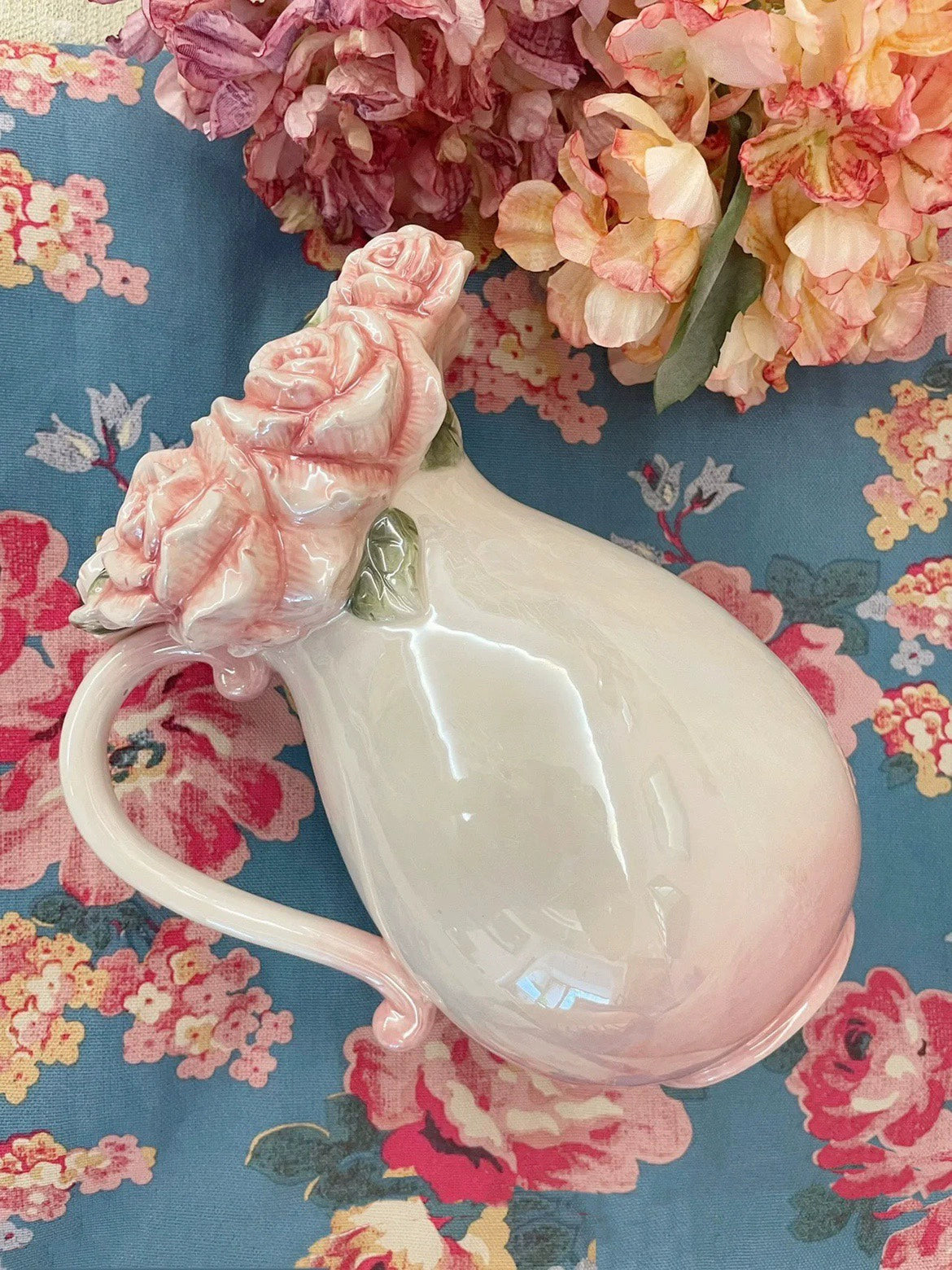 Vintage Handmade Pearl Glaze Romantic Pink Rose Blossom Vase Water Pitcher