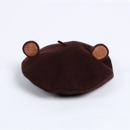 Parent-child handmade wool felt cute bear ears beret little brown bear hat