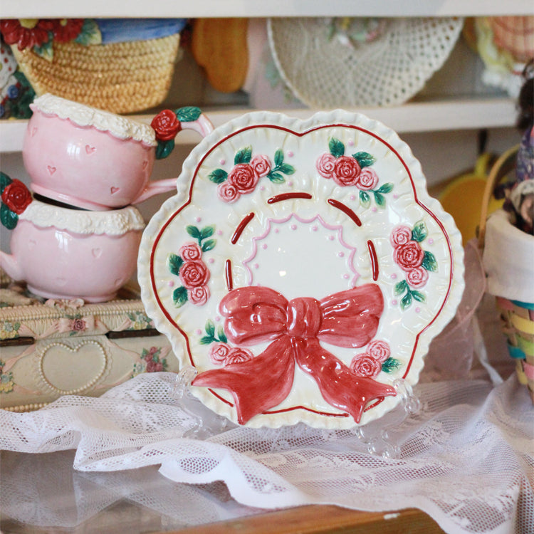 Vintage handmade lovely rose bow ceramic plate flat dessert plate dish