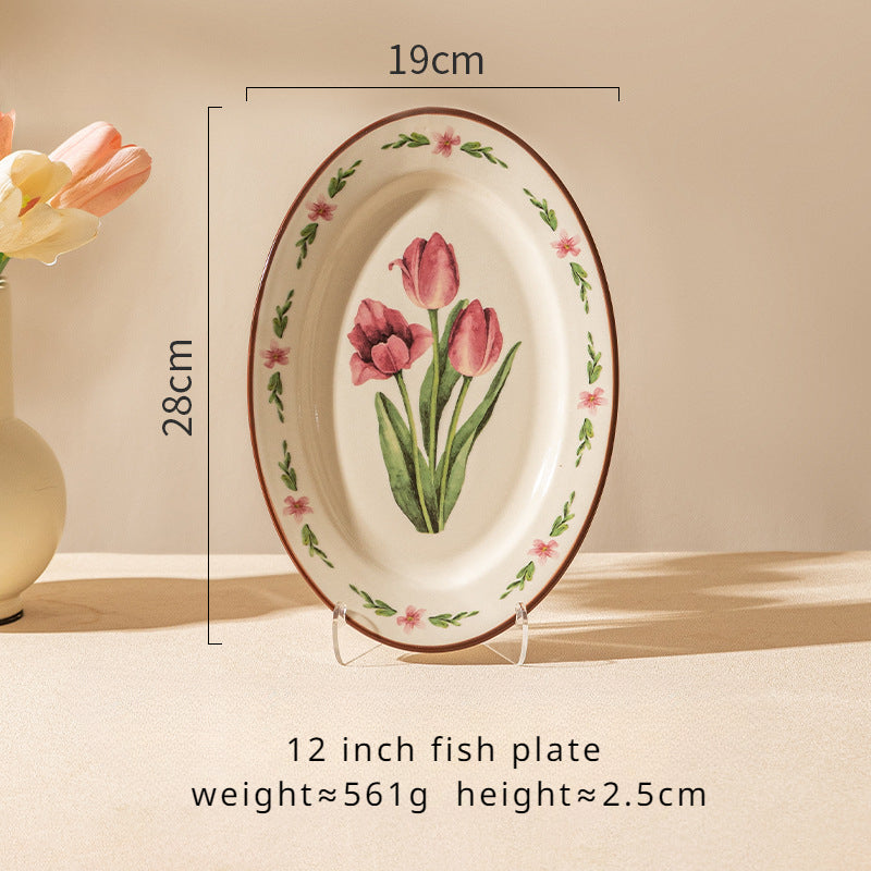 Vintage tulip dinner bowl dessert plate dinnerware set gift box