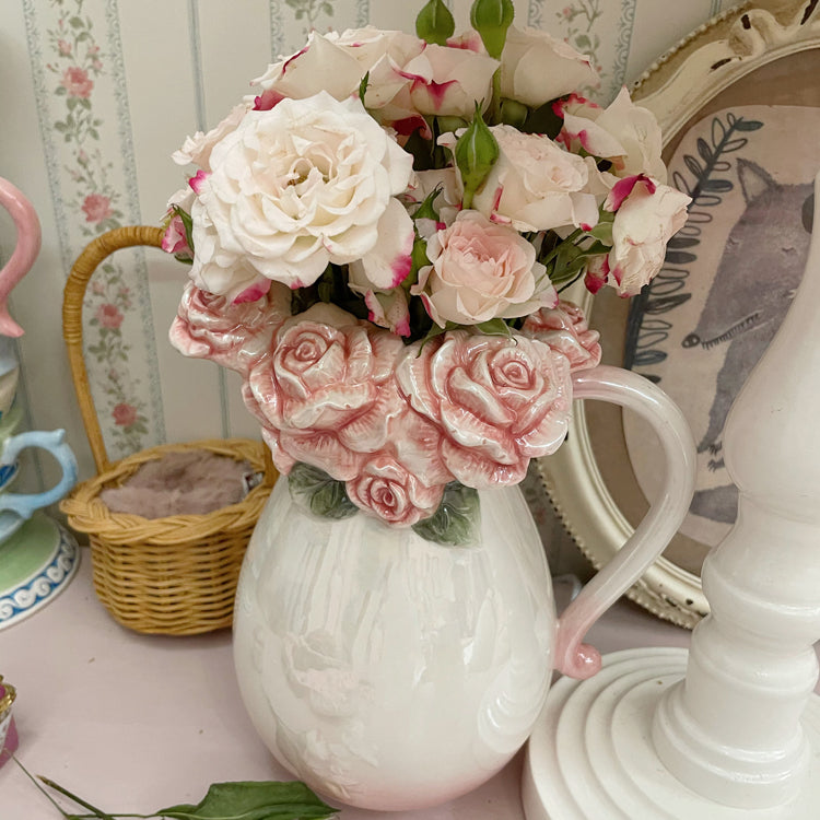 Vintage Handmade Pearl Glaze Romantic Pink Rose Blossom Vase Water Pitcher