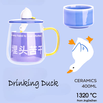 Paddling / drinking duck glass cup with ceramic lid mug couple tea cup gift