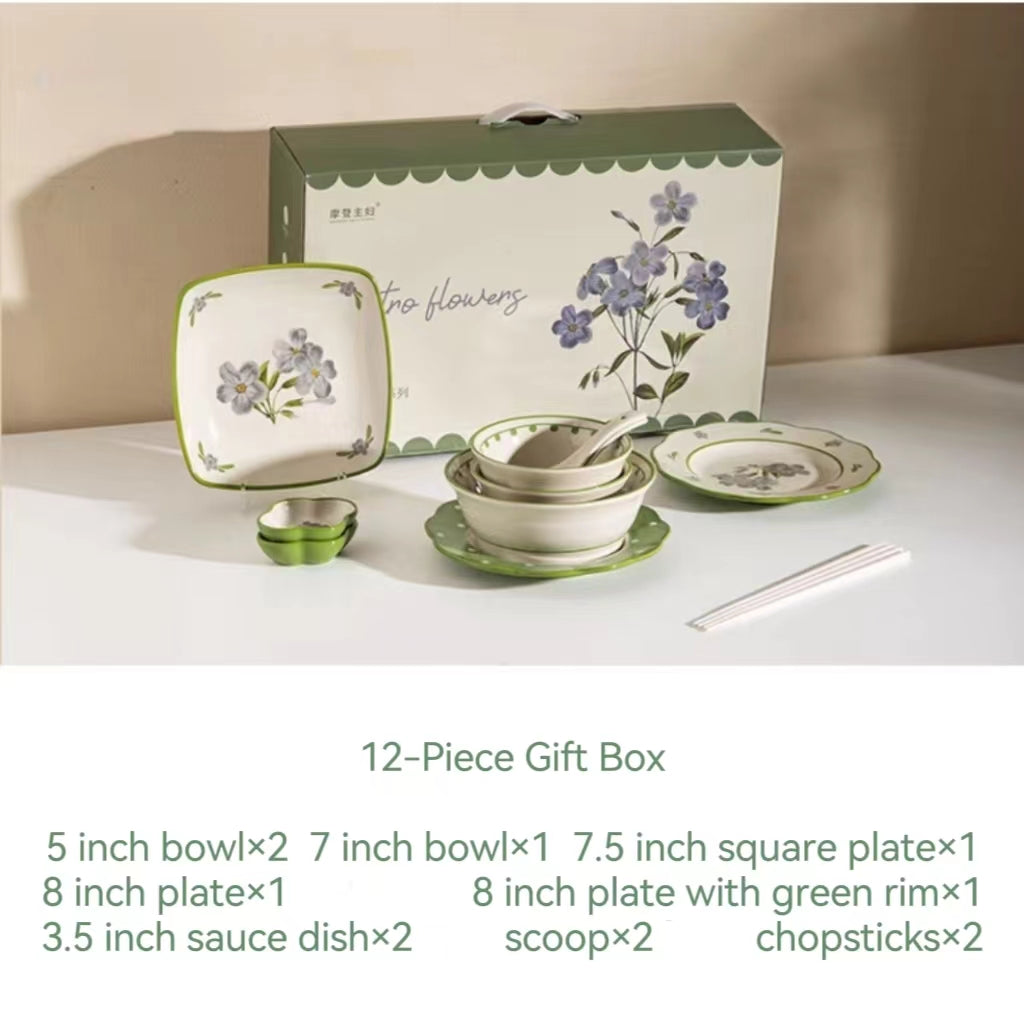 Vintage freesia ceramic dinner bowl dssert plate dinnerware set gift box